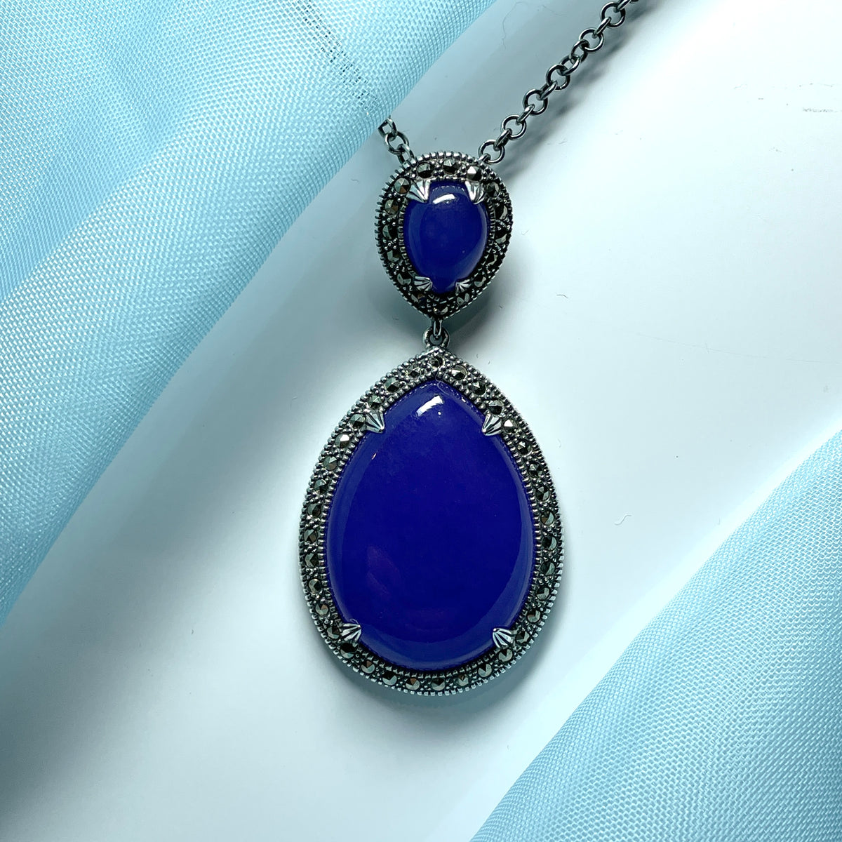 Large marcasite and purple lavender quartz sterling silver pear shaped teardrop necklace pendant