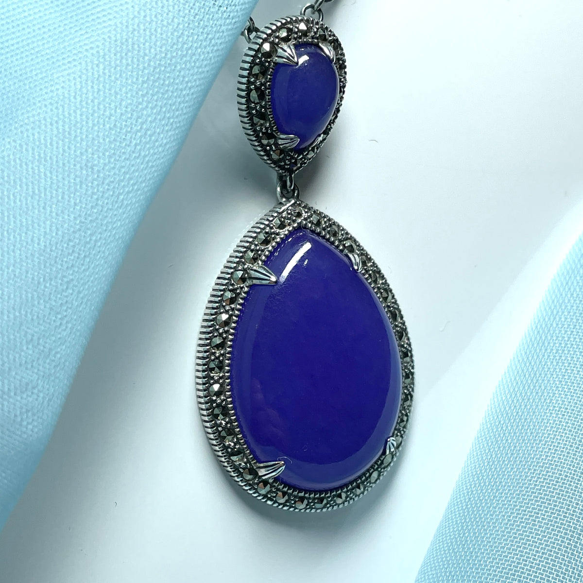 Large marcasite and purple lavender quartz sterling silver pear shaped teardrop necklace pendant