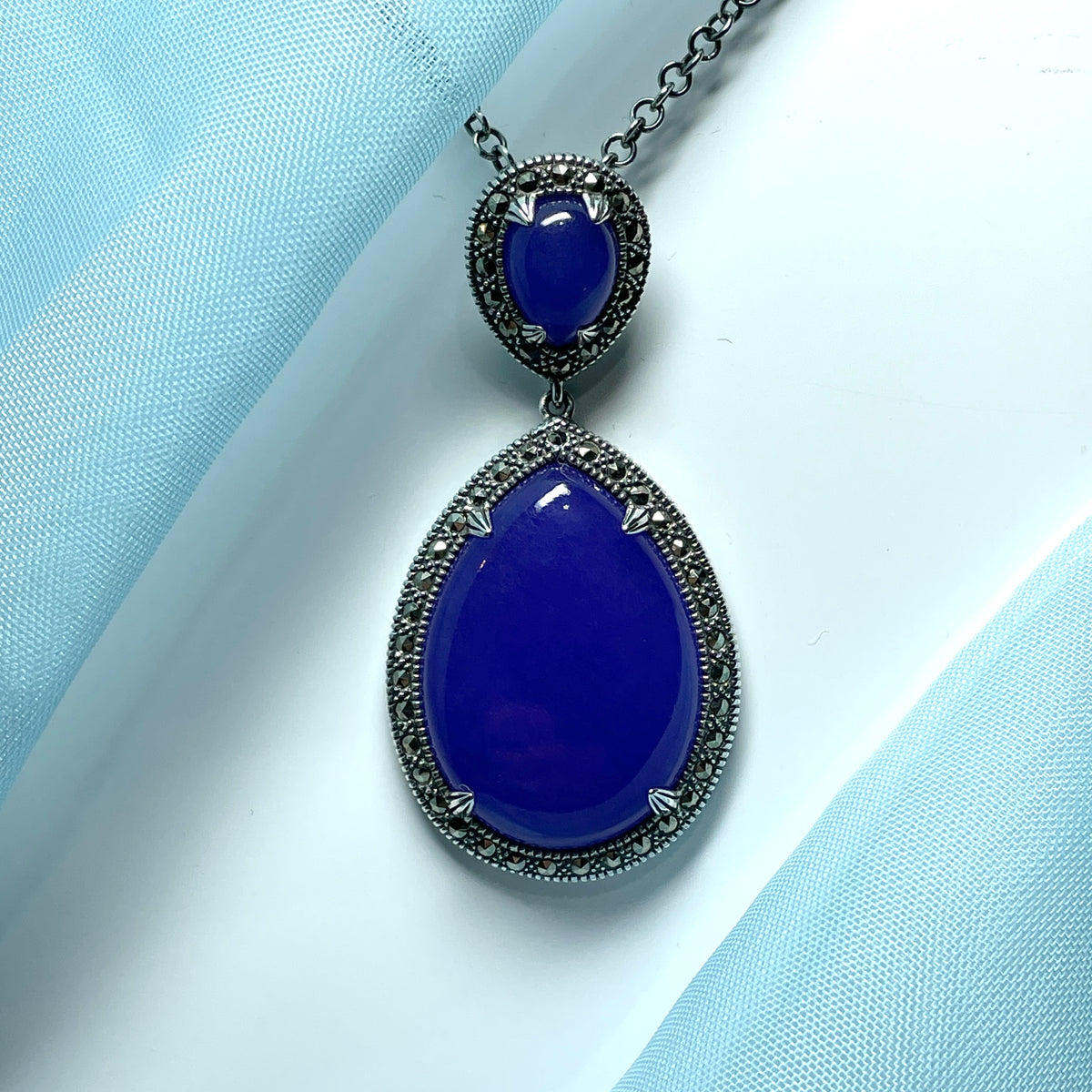 Large marcasite and purple lavender quartz sterling silver pear shaped teardrop necklace pendant