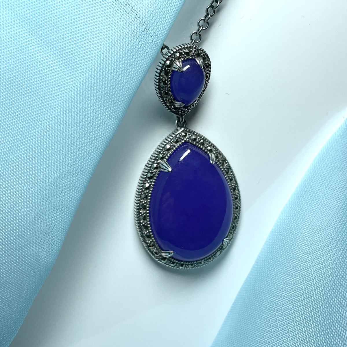 Large marcasite and purple lavender quartz sterling silver pear shaped teardrop necklace pendant