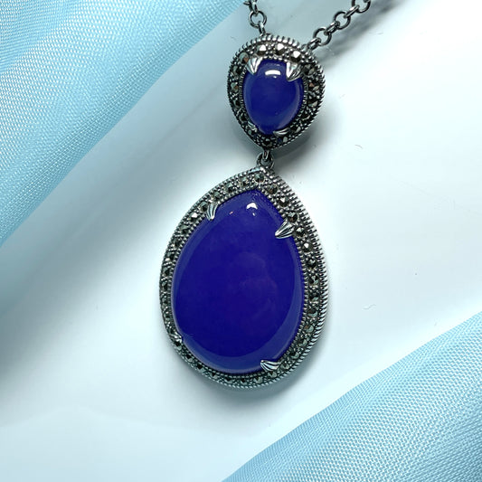 Large marcasite and purple lavender quartz sterling silver pear shaped teardrop necklace pendant