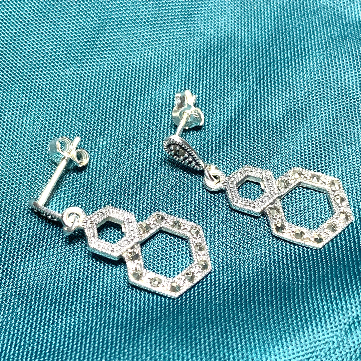 Marcasite Drop Earrings Double Hexagon Sterling Silver