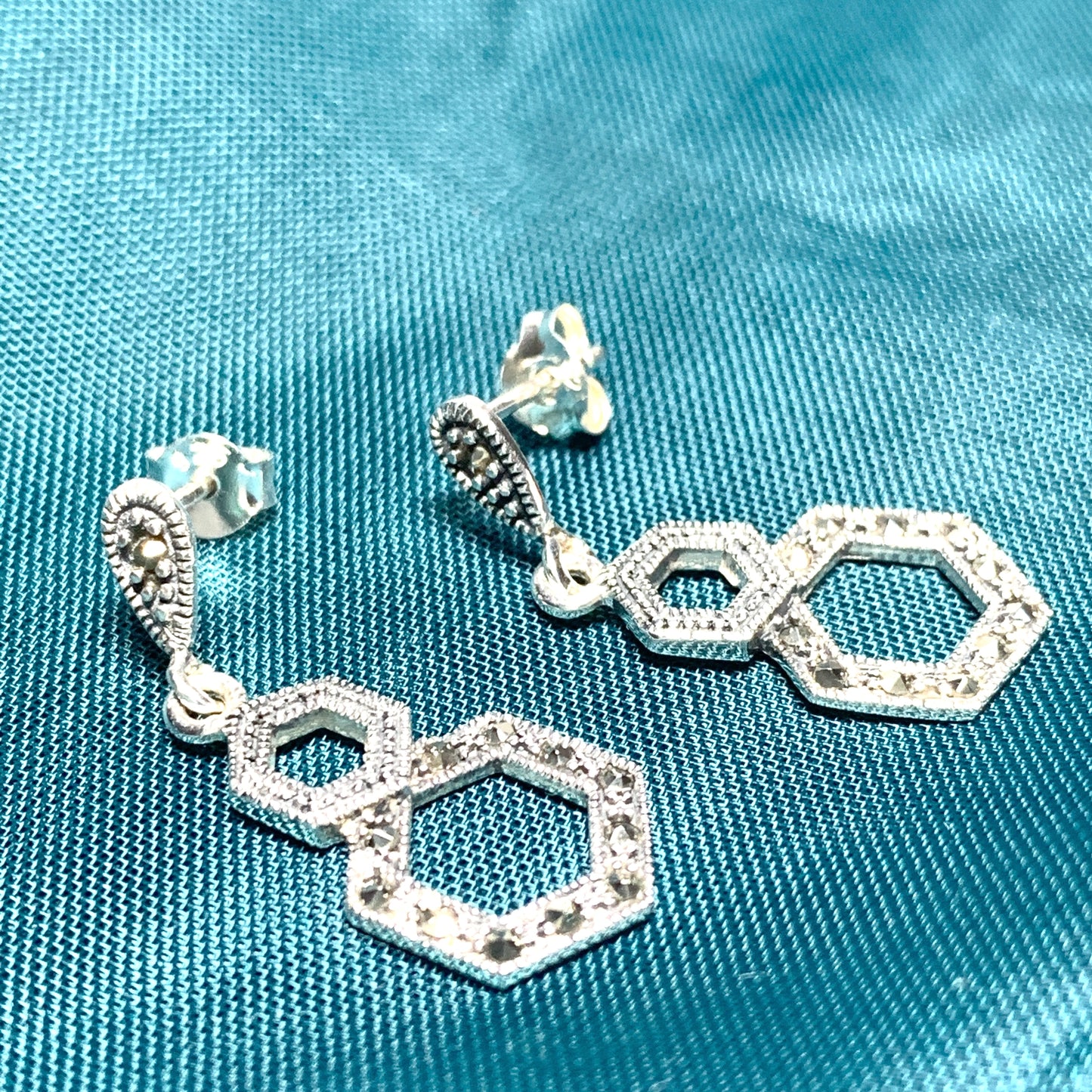 Marcasite Drop Earrings Double Hexagon Sterling Silver