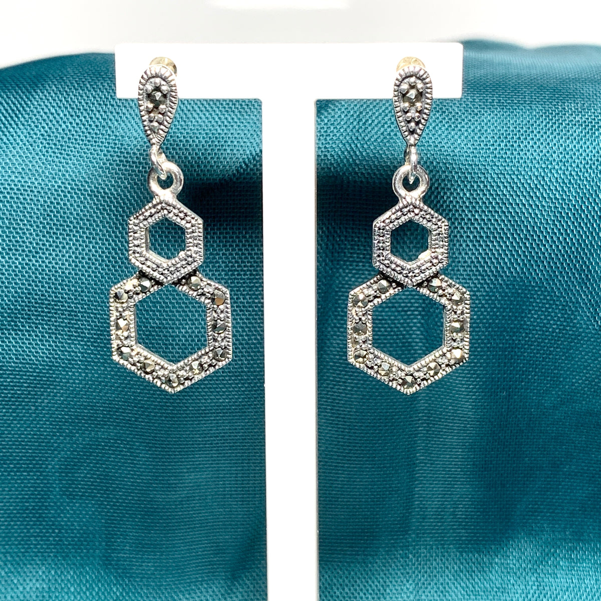 Marcasite Drop Earrings Double Hexagon Sterling Silver