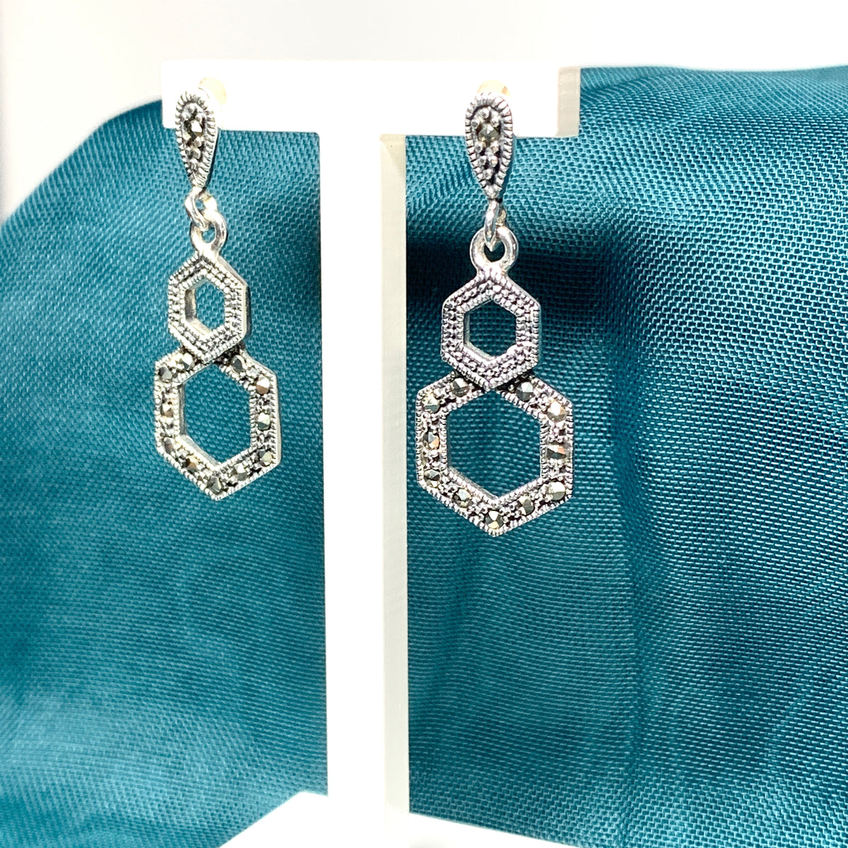 Marcasite Drop Earrings Double Hexagon Sterling Silver