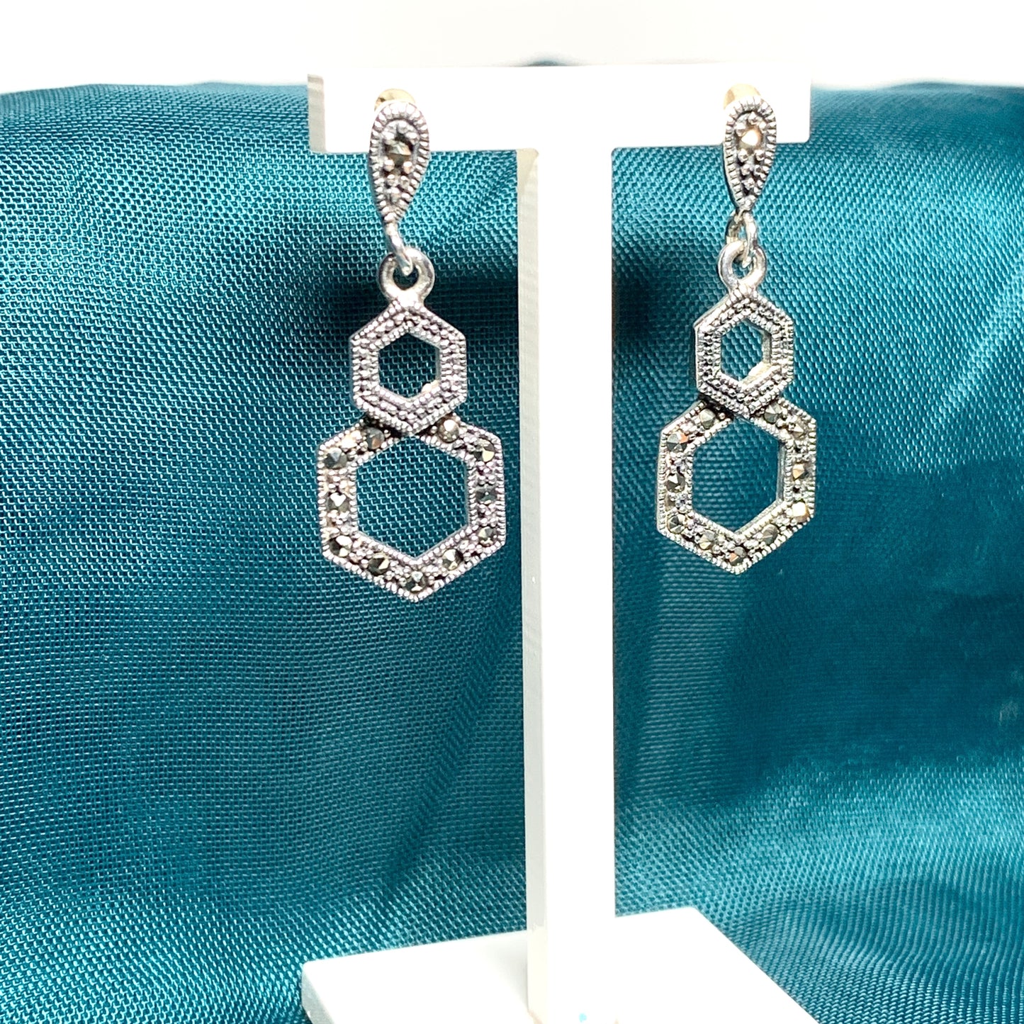 Marcasite Drop Earrings Double Hexagon Sterling Silver