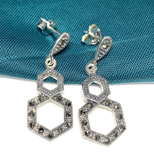 Marcasite Drop Earrings Double Hexagon Sterling Silver