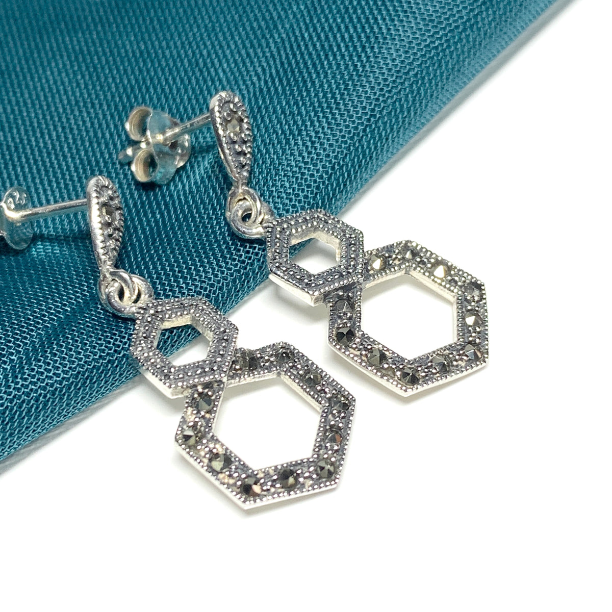 Marcasite Drop Earrings Double Hexagon Sterling Silver