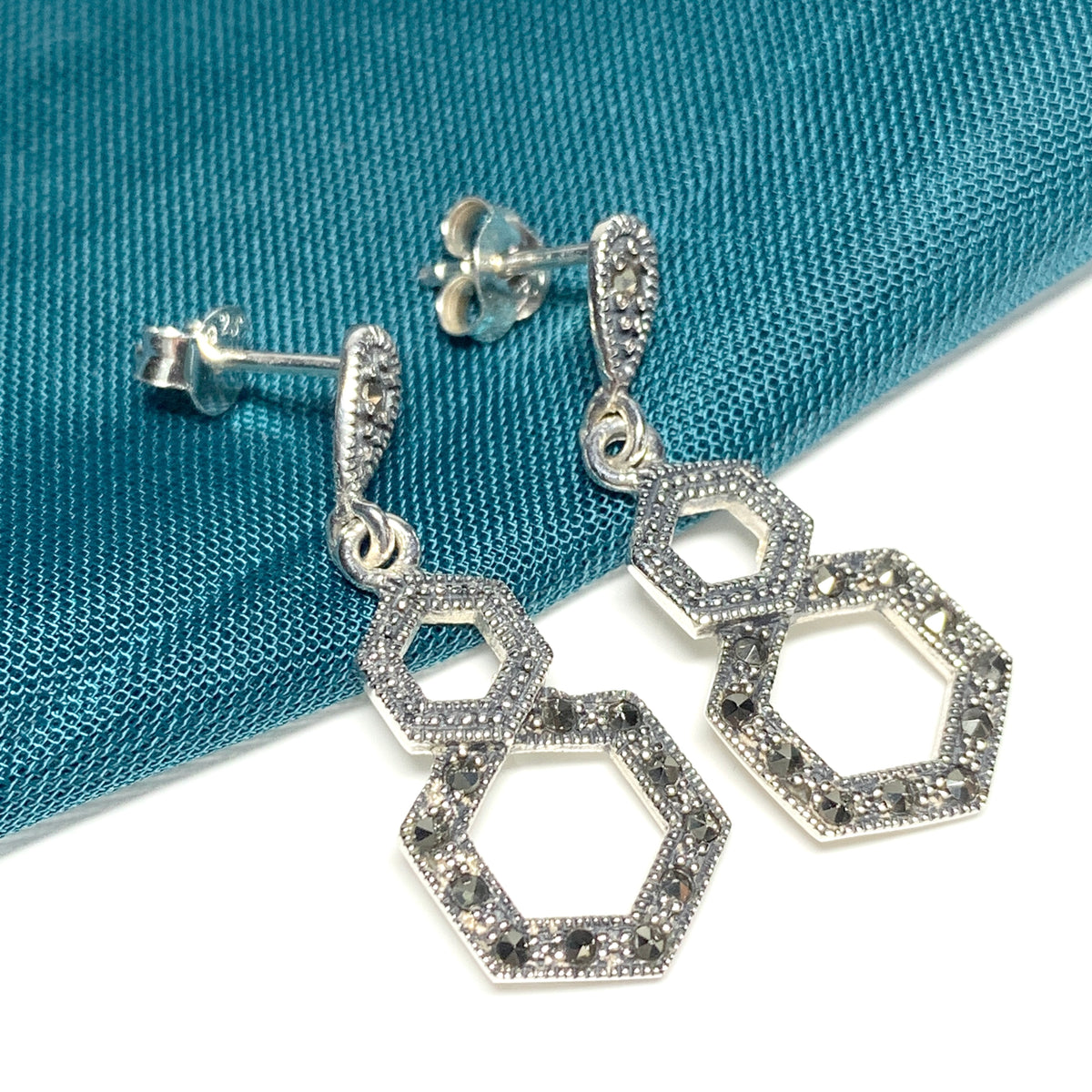 Marcasite Drop Earrings Double Hexagon Sterling Silver