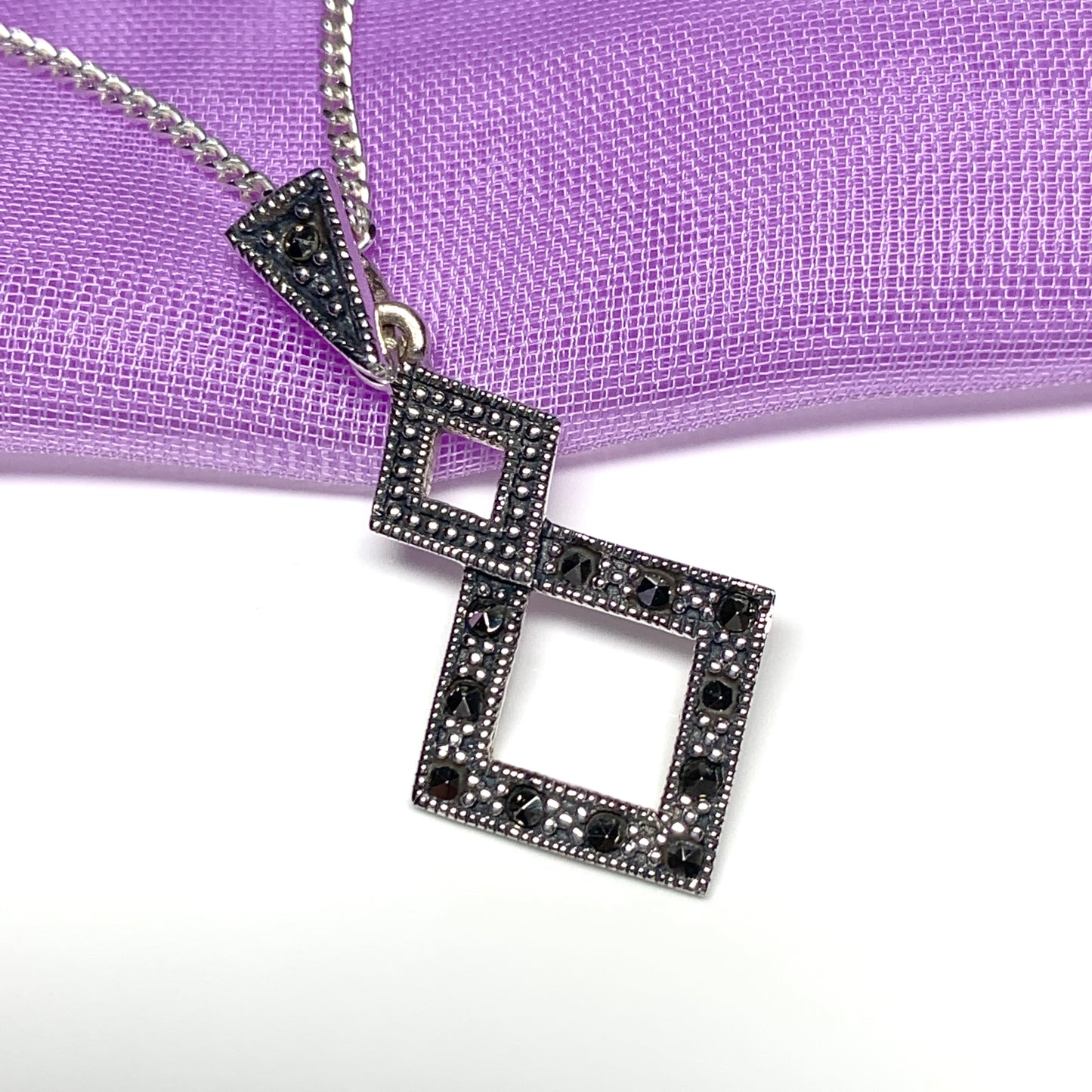 Marcasite Necklace Double Diamond Square Sterling Silver