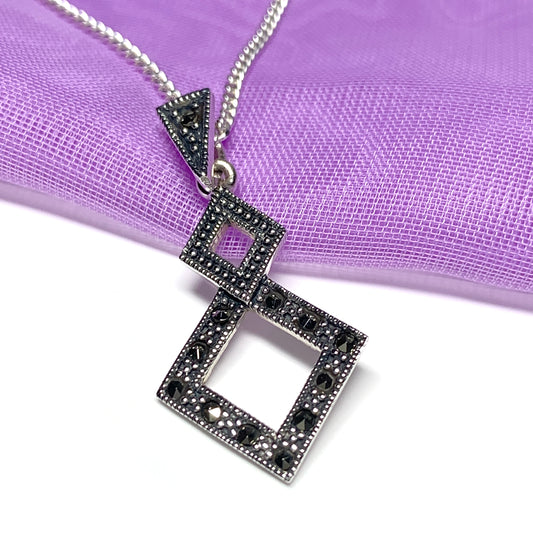 Marcasite Necklace Double Diamond Square Sterling Silver