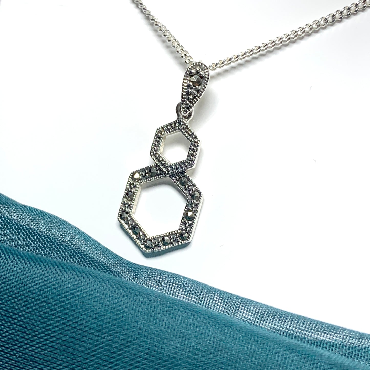 Marcasite Necklace Double Hexagon Sterling Silver
