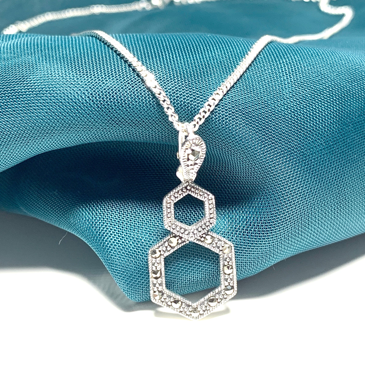 Marcasite Necklace Double Hexagon Sterling Silver
