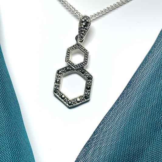 Marcasite Necklace Double Hexagon Sterling Silver