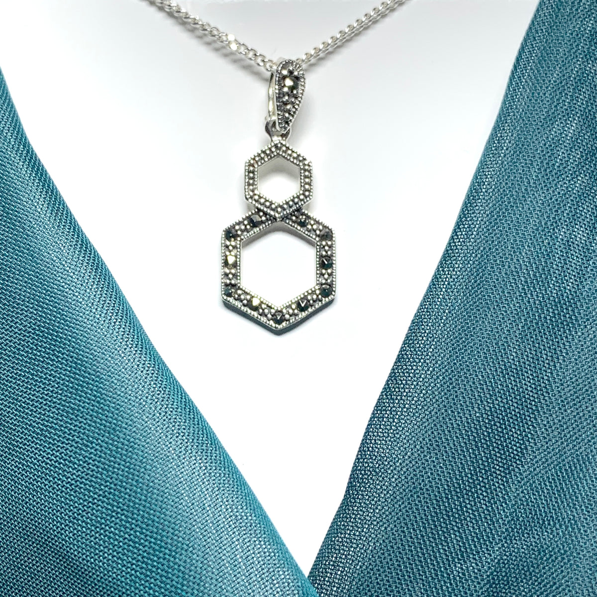 Marcasite Necklace Double Hexagon Sterling Silver