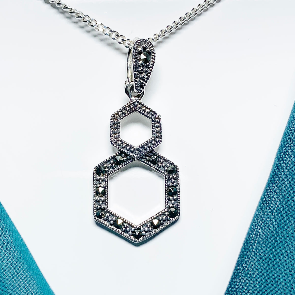 Marcasite Necklace Double Hexagon Sterling Silver