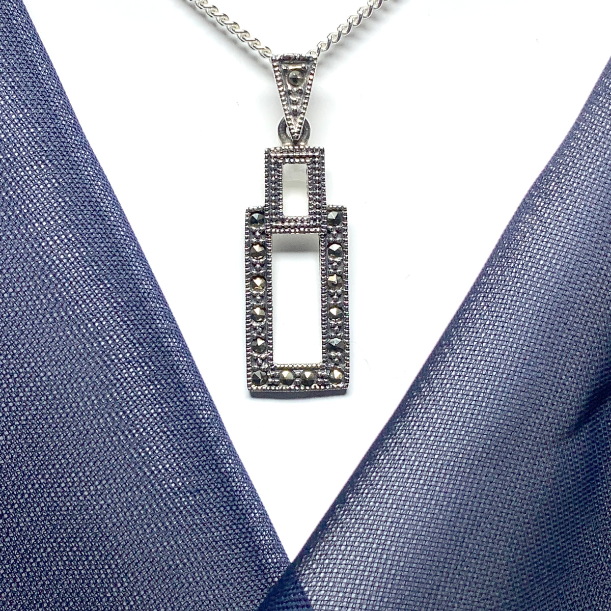 Marcasite Necklace Rectangle Shaped Sterling Silver