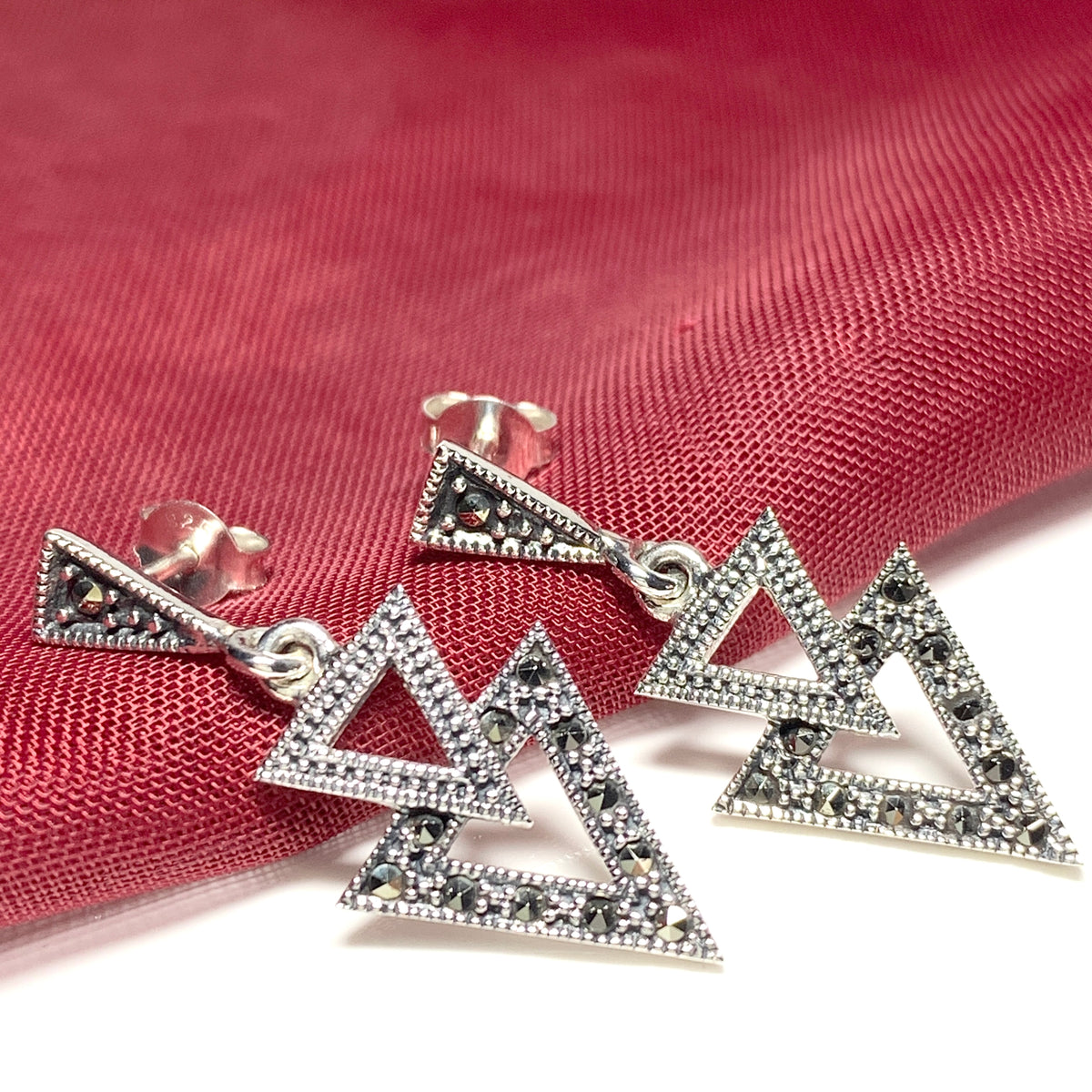 Marcasite Triangle Shaped Sterling Silver Drop Earrings