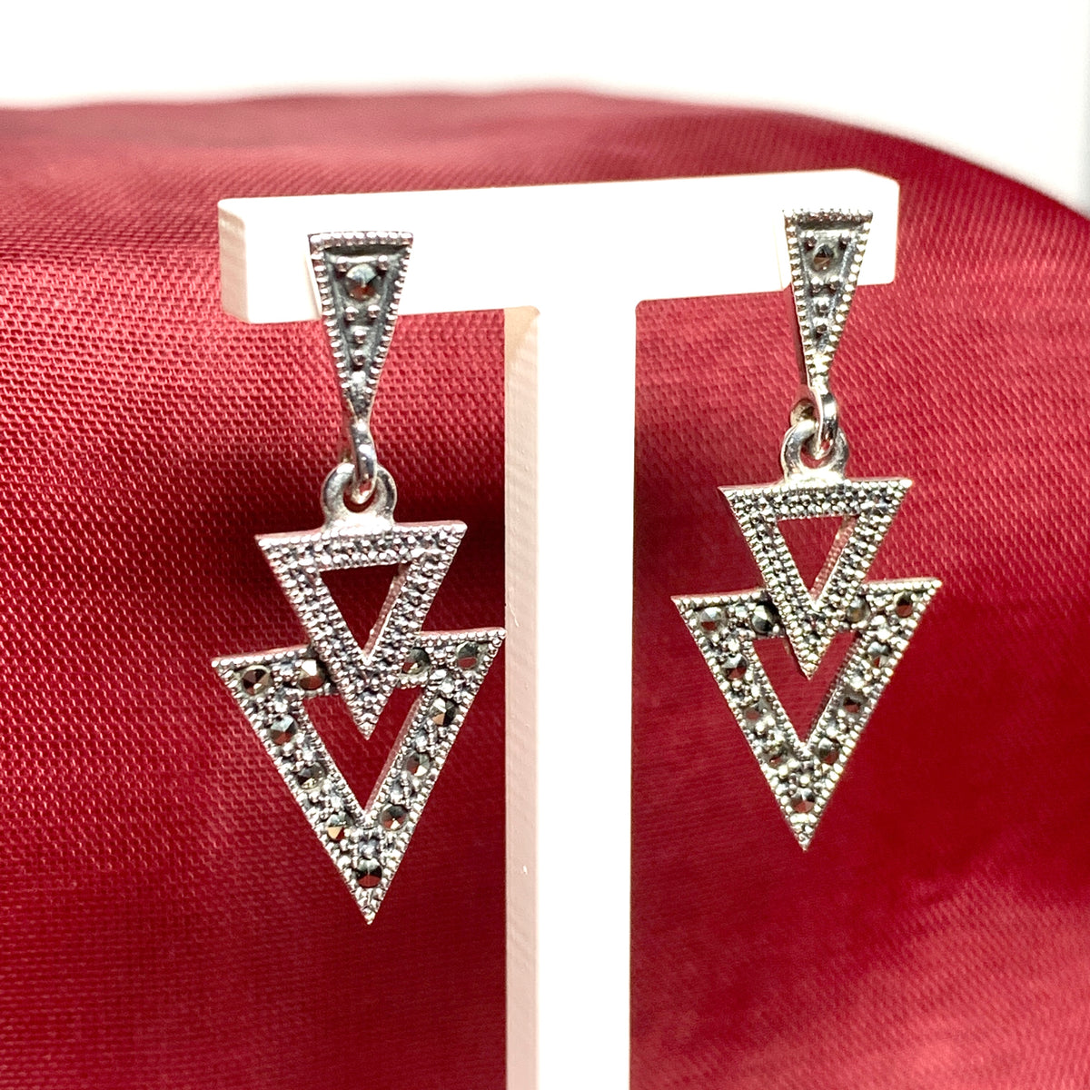 Marcasite Triangle Shaped Sterling Silver Drop Earrings