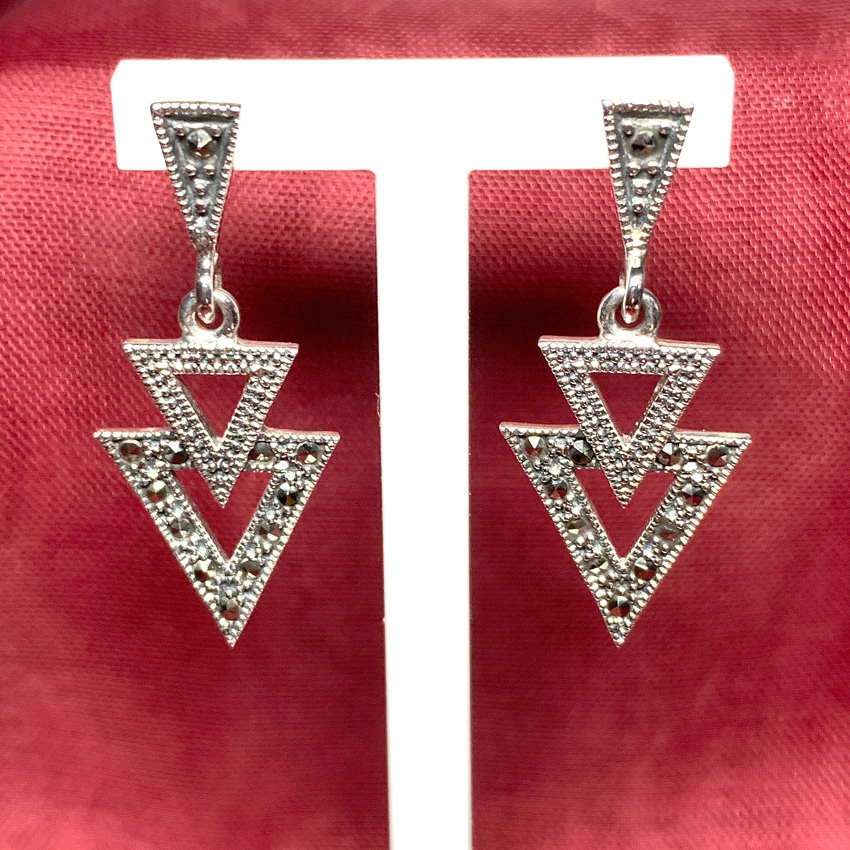 Marcasite Triangle Shaped Sterling Silver Drop Earrings