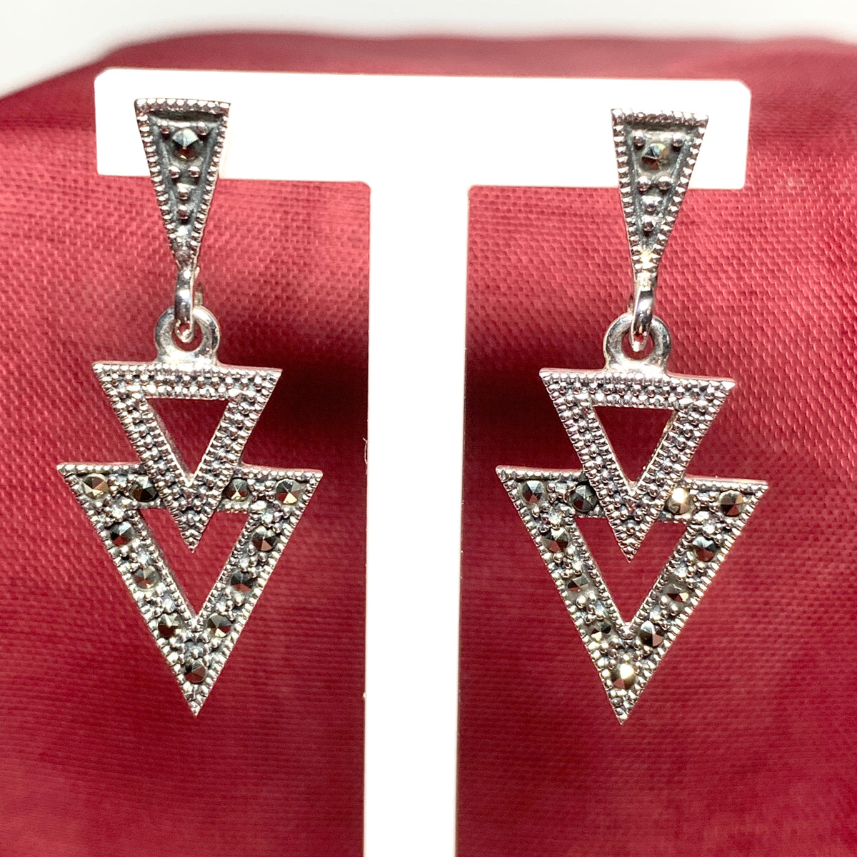 Marcasite Triangle Shaped Sterling Silver Drop Earrings