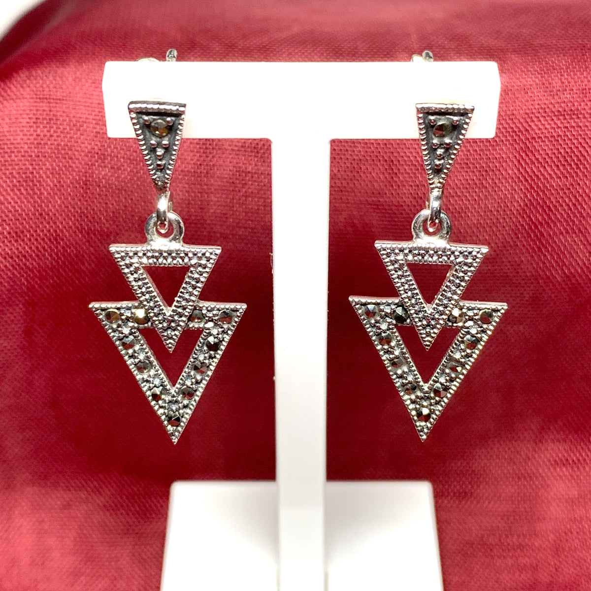 Marcasite Triangle Shaped Sterling Silver Drop Earrings