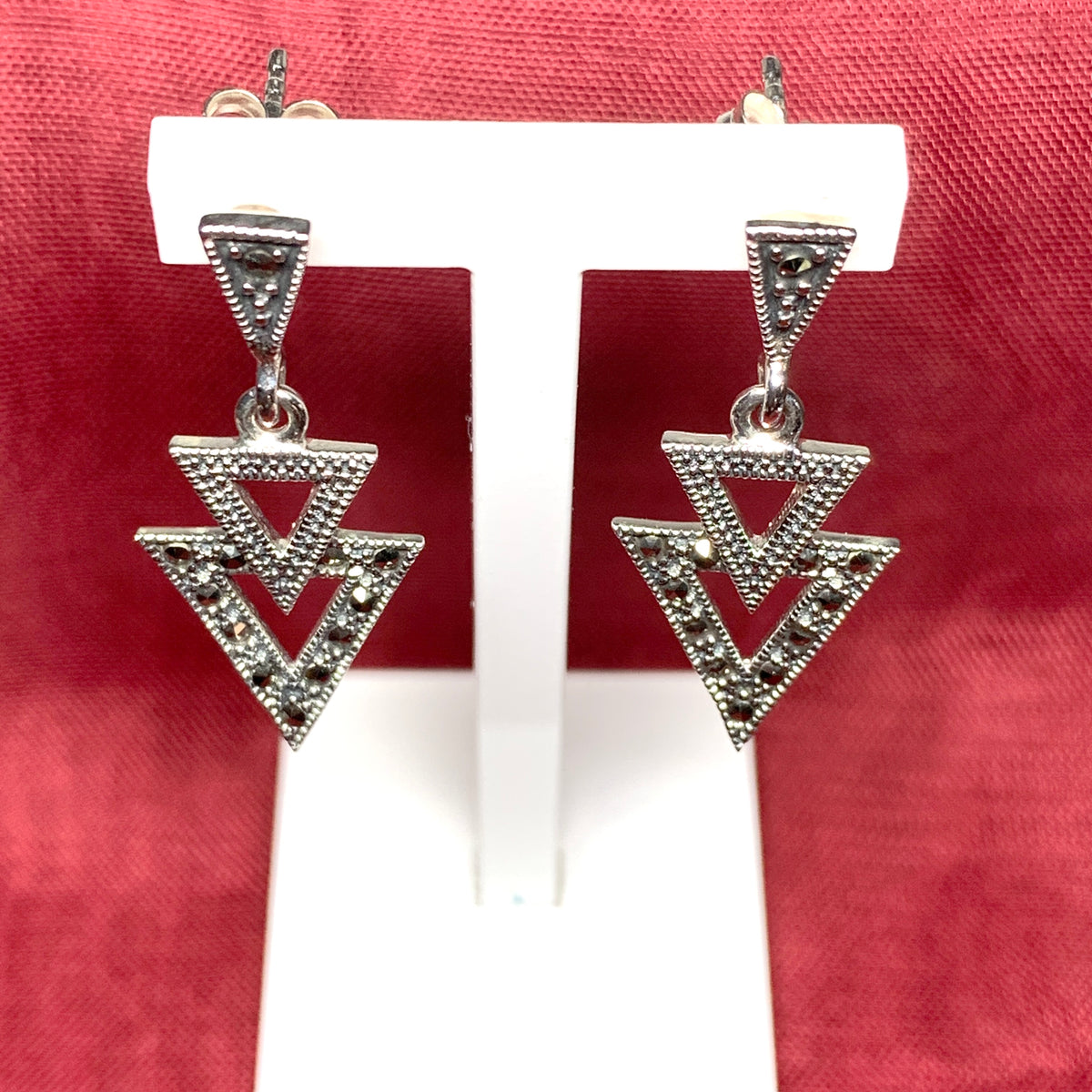 Marcasite Triangle Shaped Sterling Silver Drop Earrings