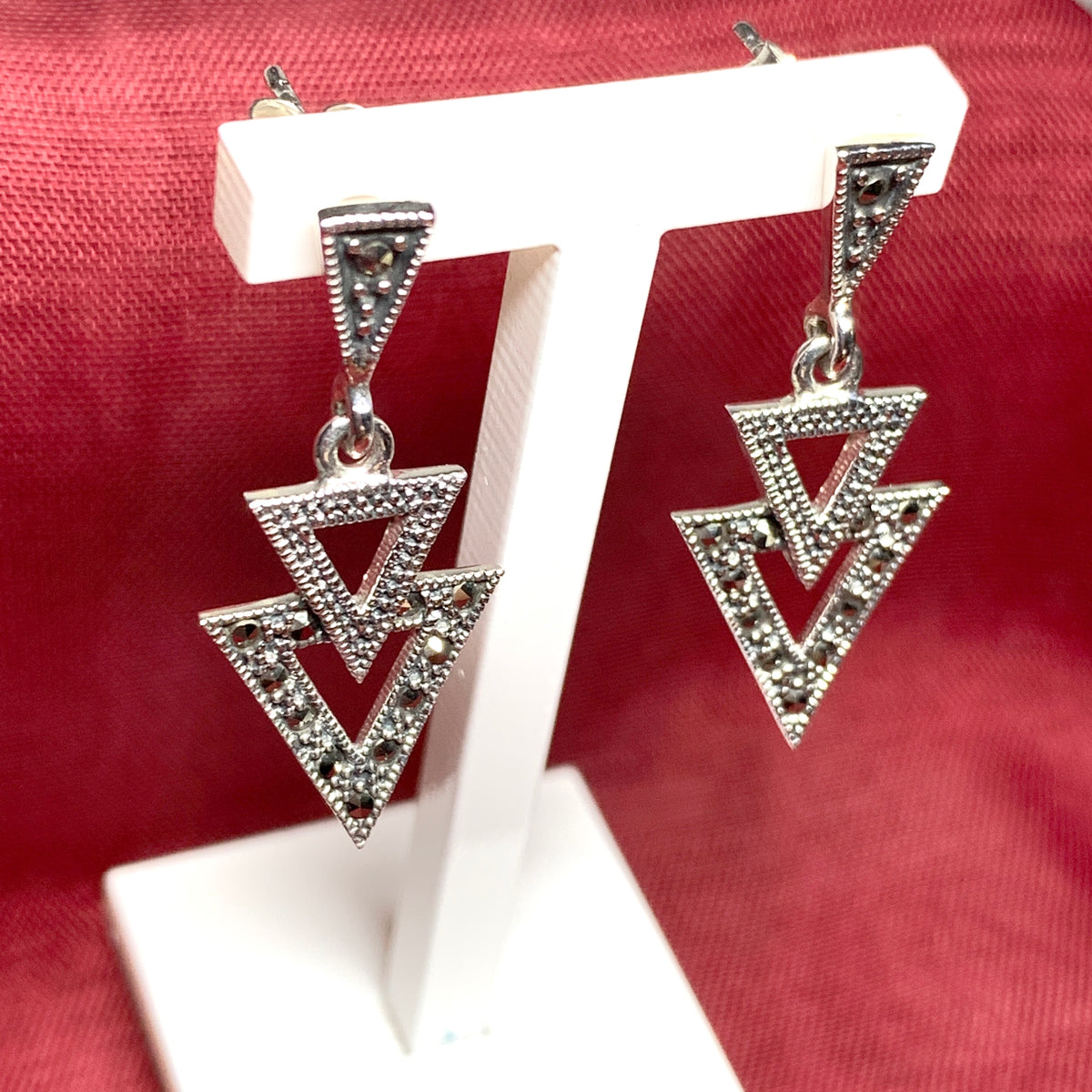 Marcasite Triangle Shaped Sterling Silver Drop Earrings