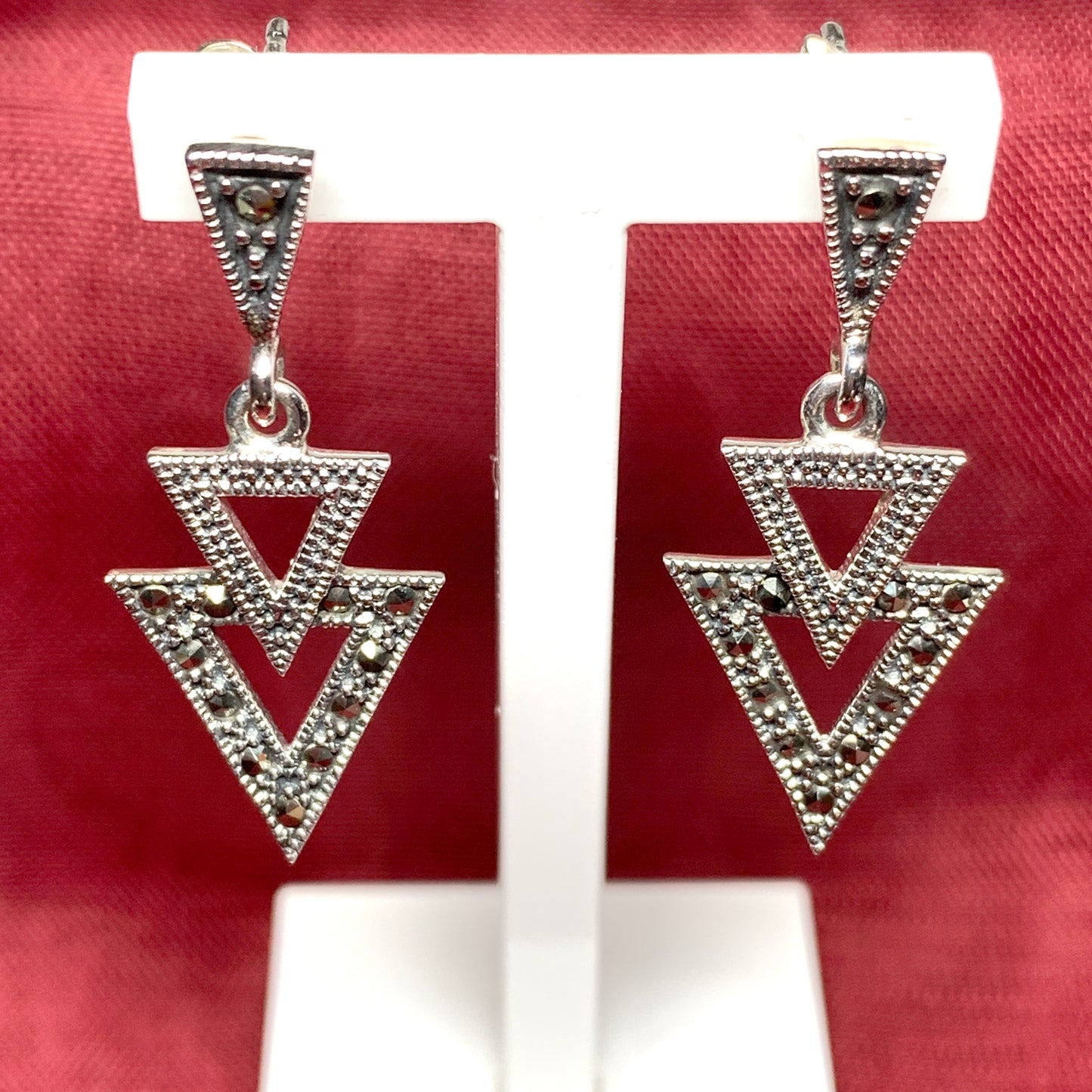 Marcasite Triangle Shaped Sterling Silver Drop Earrings
