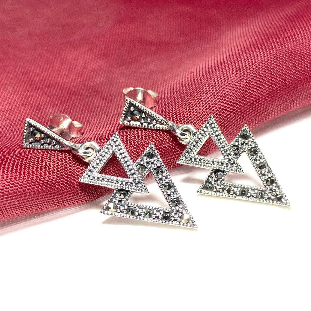 Marcasite Triangle Shaped Sterling Silver Drop Earrings