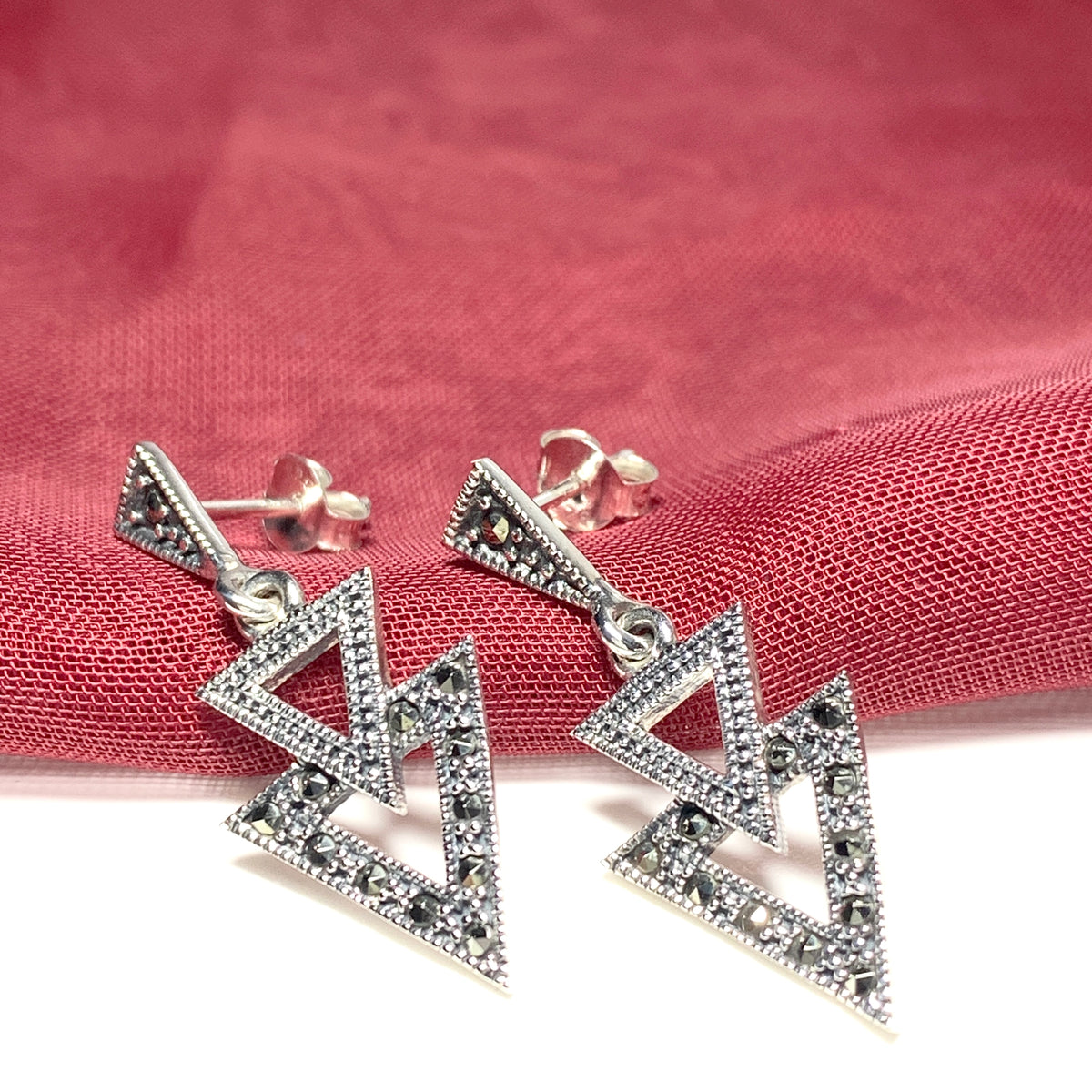 Marcasite Triangle Shaped Sterling Silver Drop Earrings