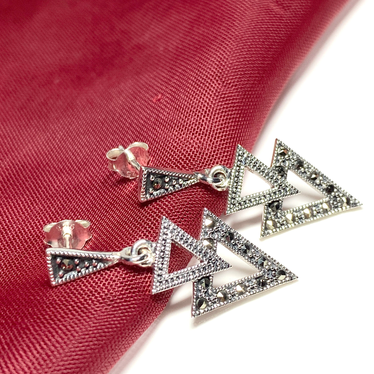 Marcasite Triangle Shaped Sterling Silver Drop Earrings