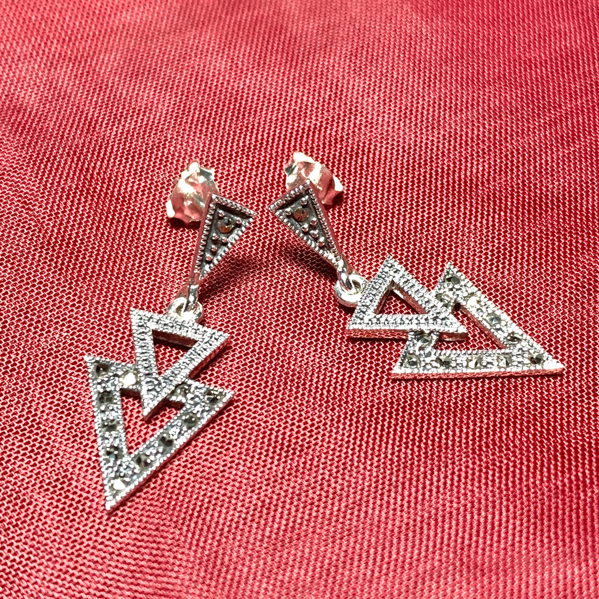 Marcasite Triangle Shaped Sterling Silver Drop Earrings