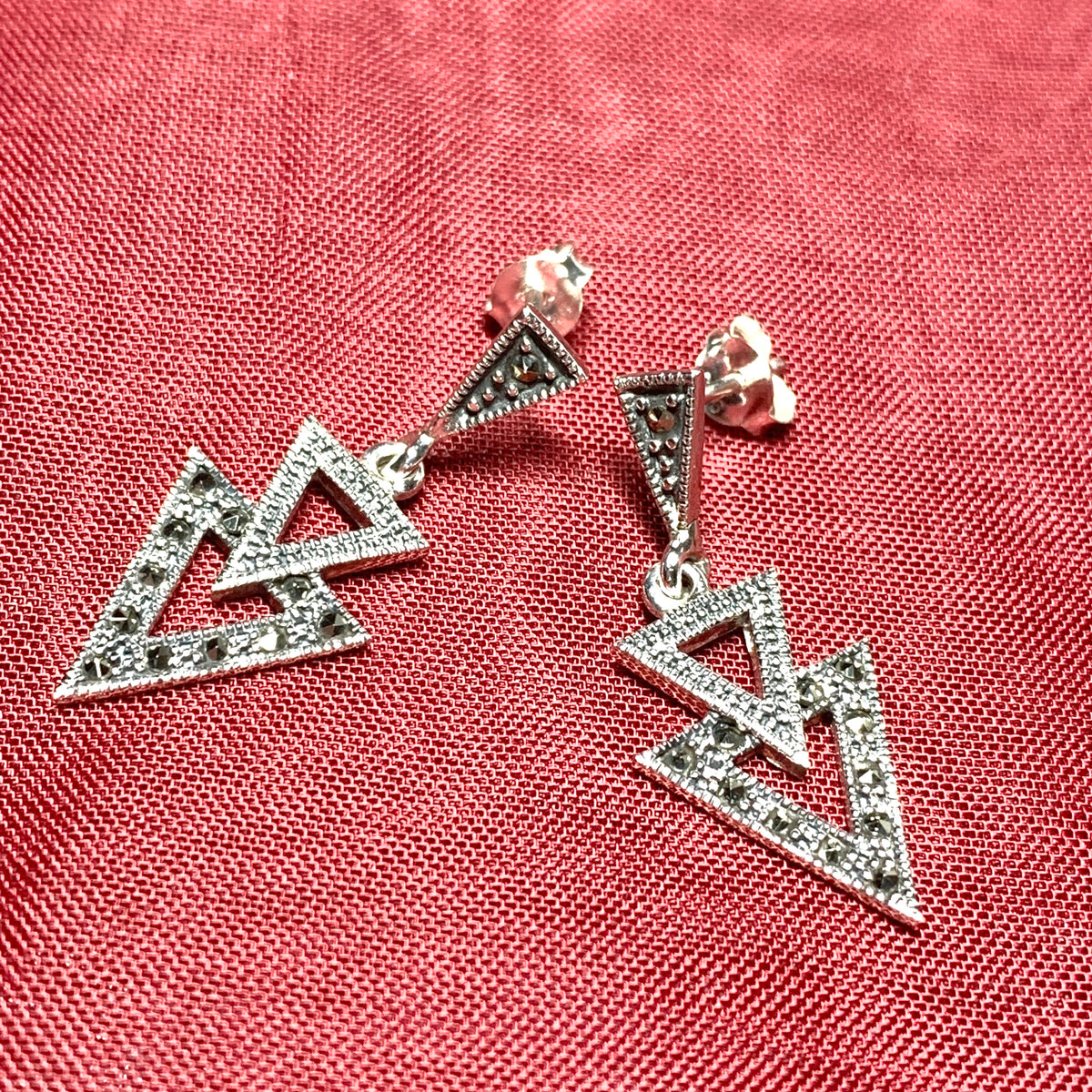 Marcasite Triangle Shaped Sterling Silver Drop Earrings