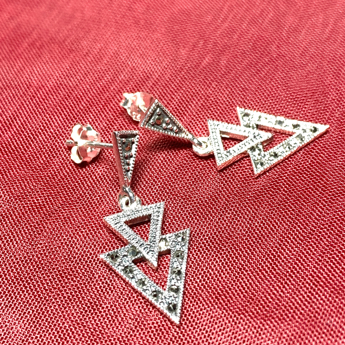 Marcasite Triangle Shaped Sterling Silver Drop Earrings