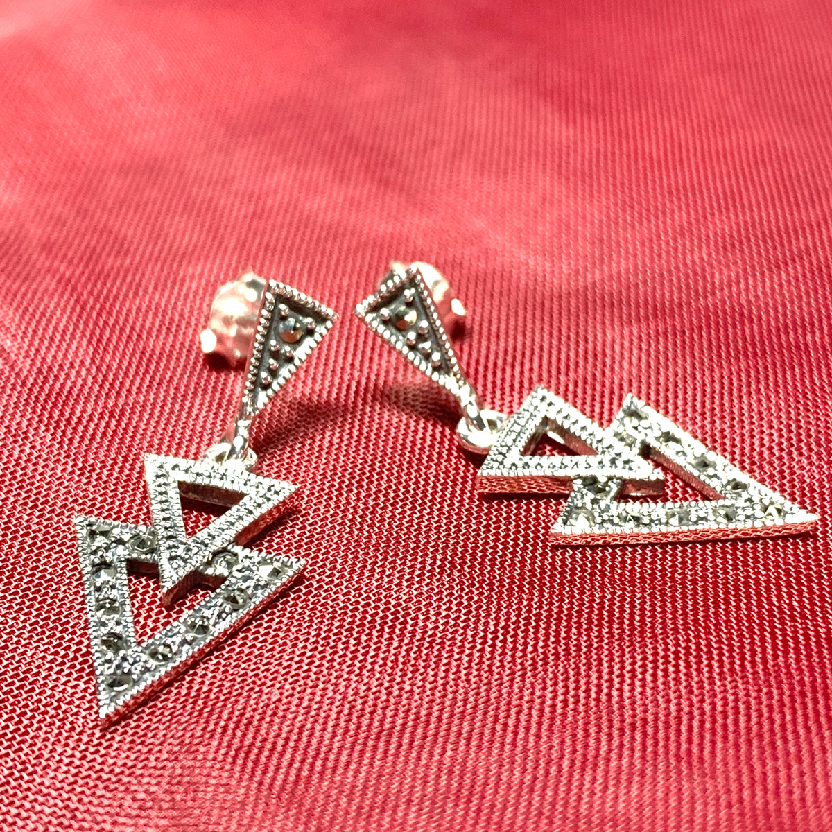 Marcasite Triangle Shaped Sterling Silver Drop Earrings
