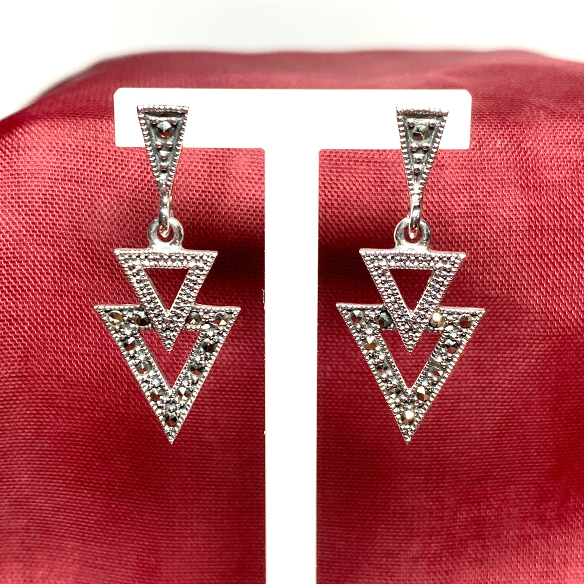 Marcasite Triangle Shaped Sterling Silver Drop Earrings