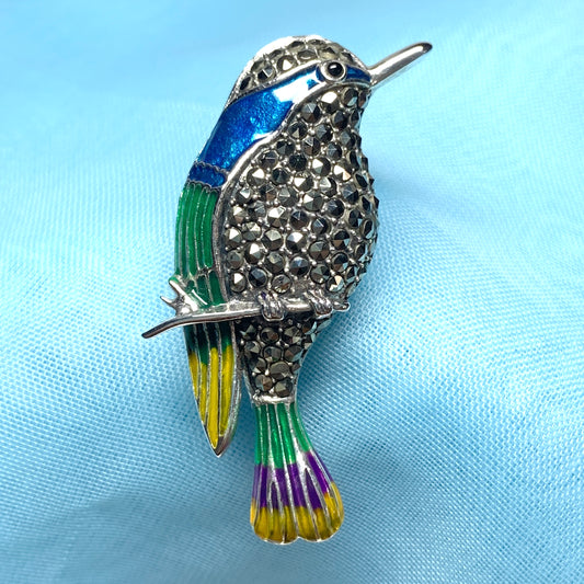 Marcasite hummingbird sterling silver brooch