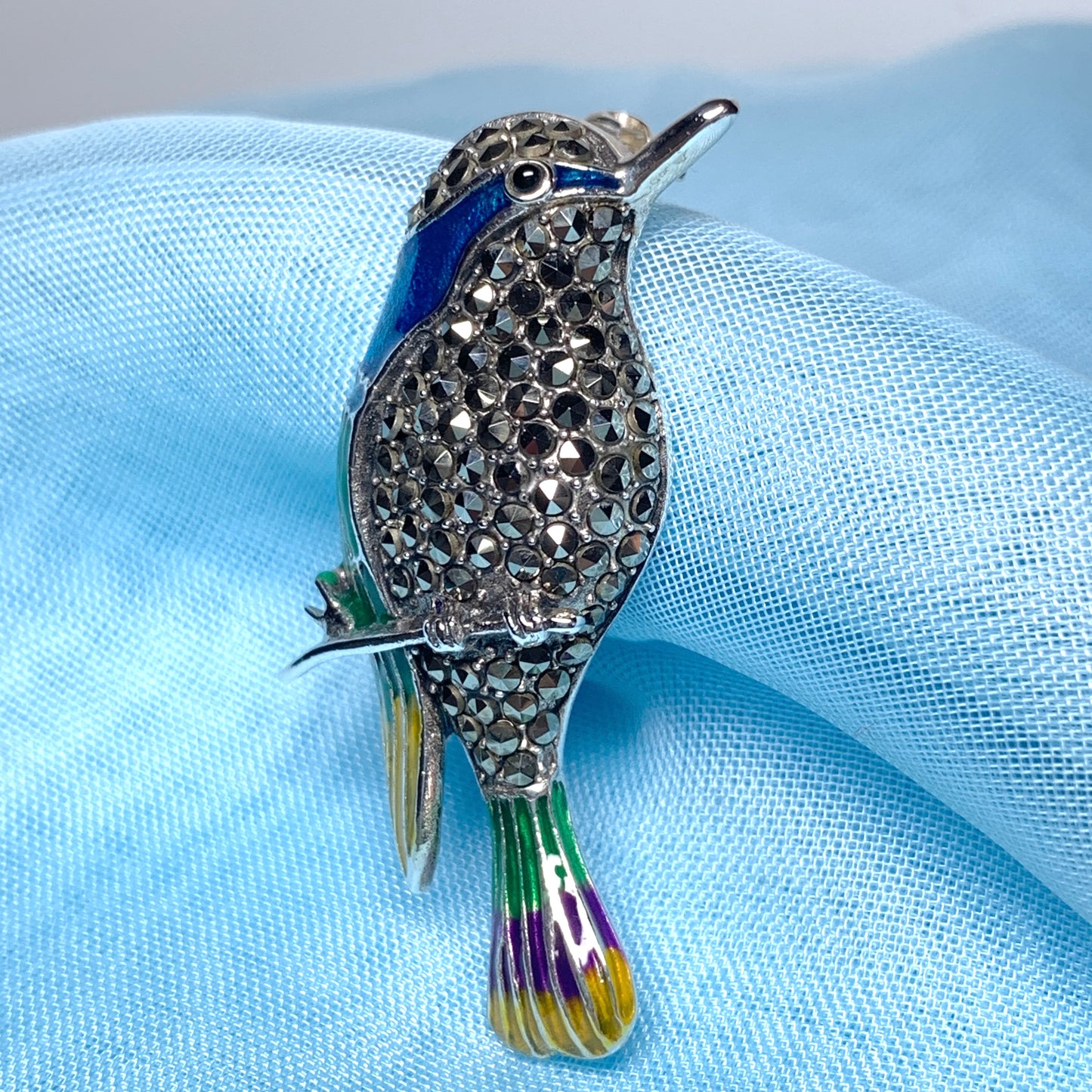 Marcasite hummingbird sterling silver brooch