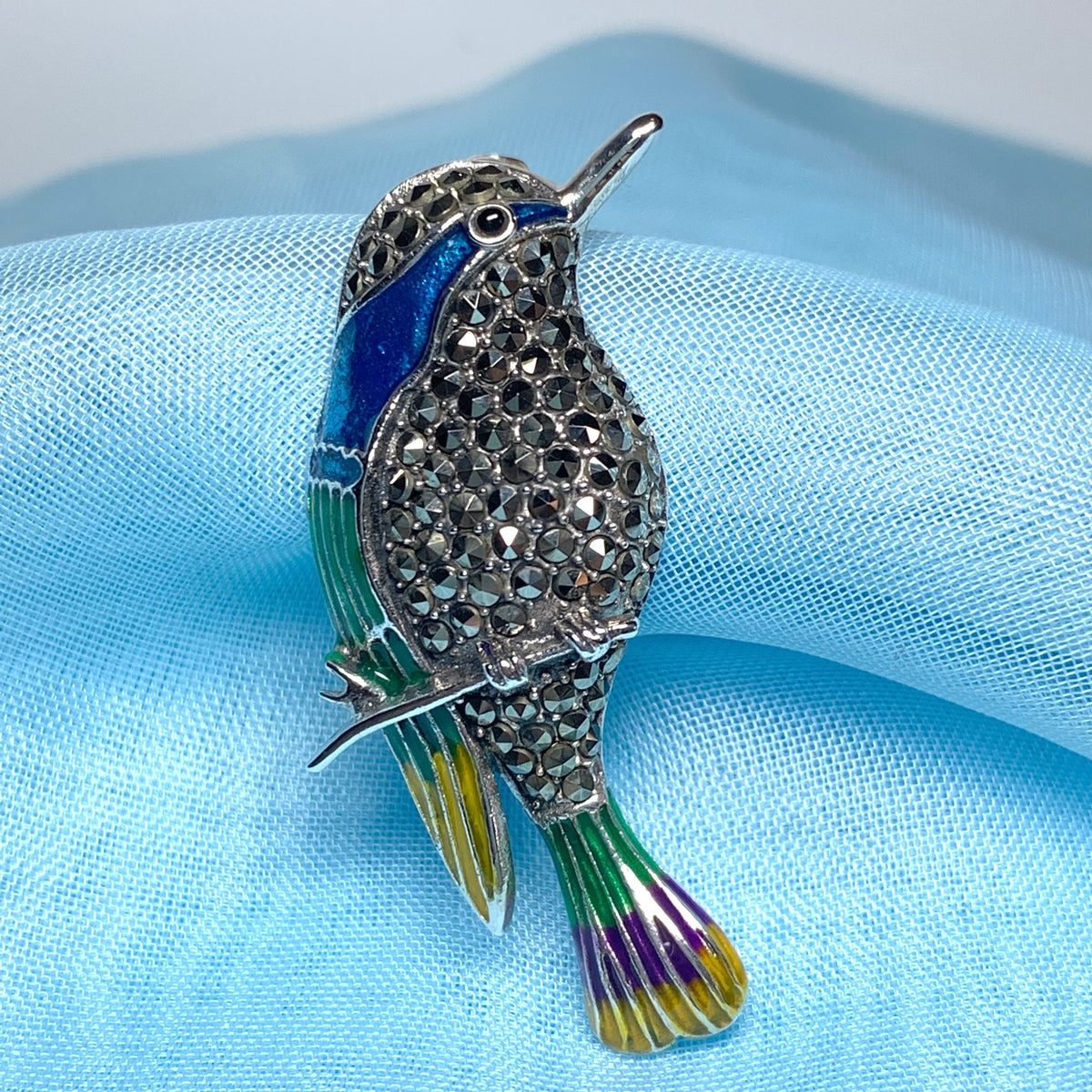 Marcasite hummingbird sterling silver brooch