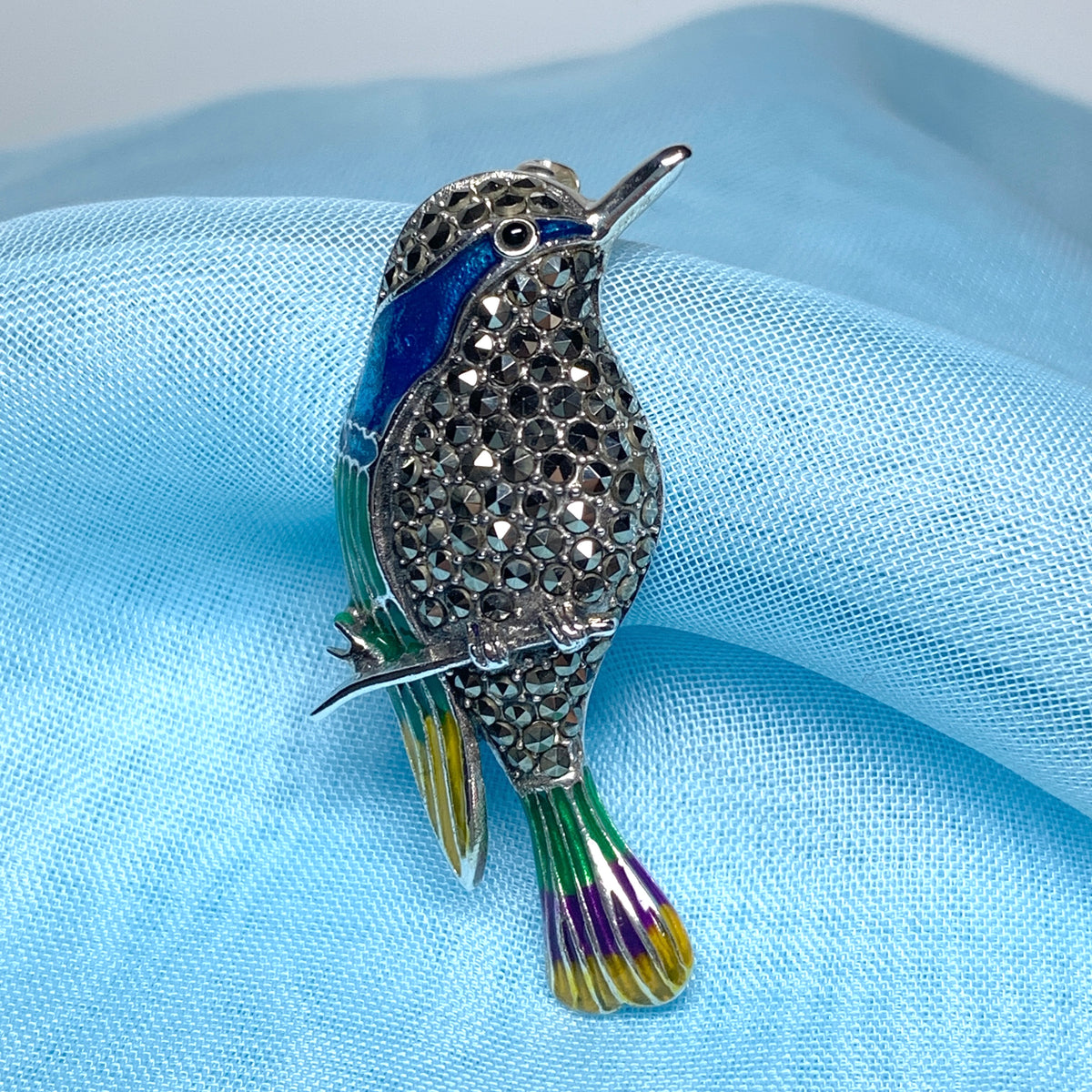 Marcasite hummingbird sterling silver brooch