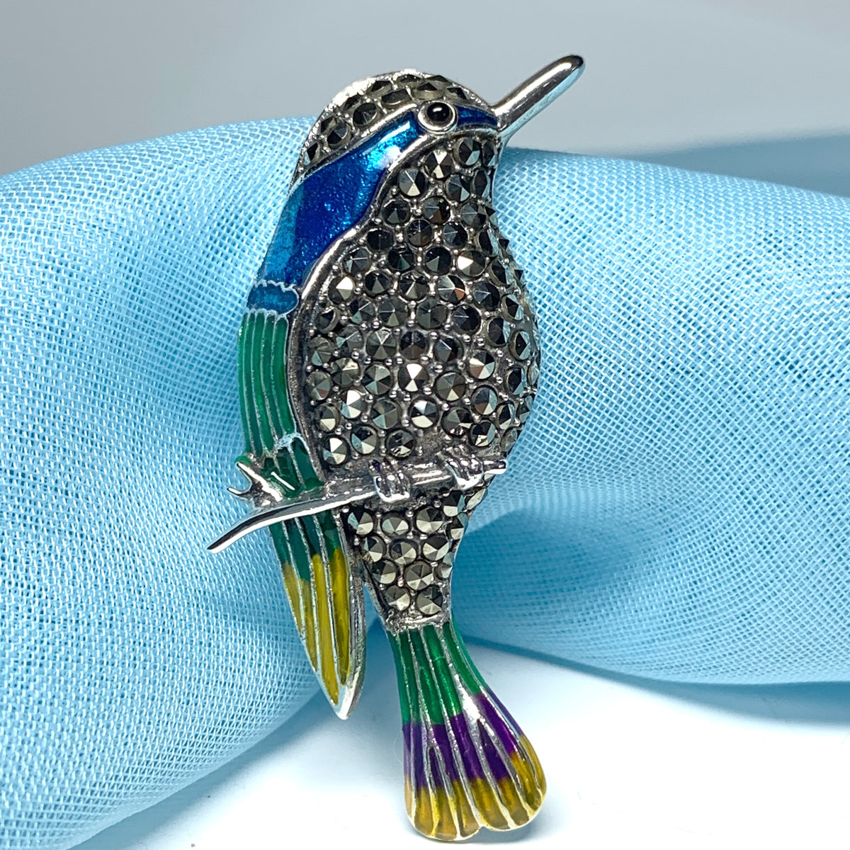 Marcasite hummingbird sterling silver brooch