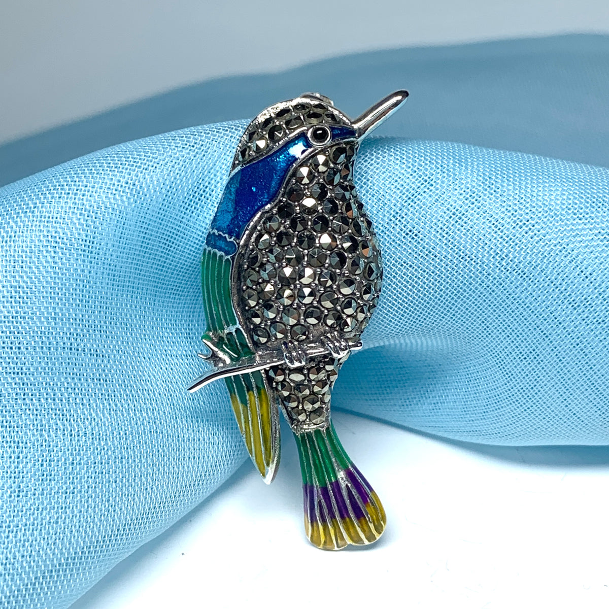 Marcasite hummingbird sterling silver brooch