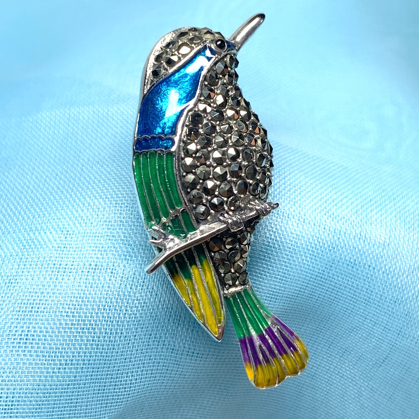 Marcasite hummingbird sterling silver brooch