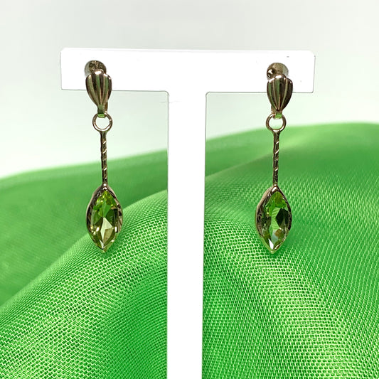 Marquise shaped peridot yellow gold drop earrings