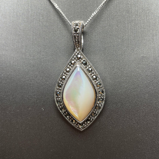 Mother Of Pearl And Marcasite Large Sterling Silver Marquise Shaped Necklace
