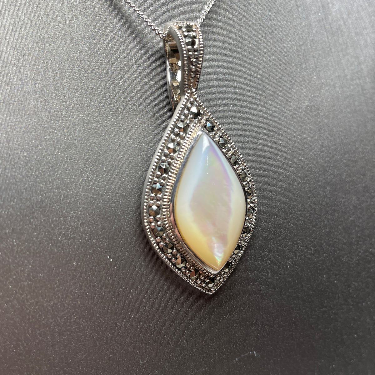 Mother Of Pearl And Marcasite Large Sterling Silver Marquise Shaped Necklace