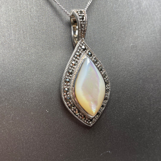 Mother Of Pearl And Marcasite Large Sterling Silver Marquise Shaped Necklace
