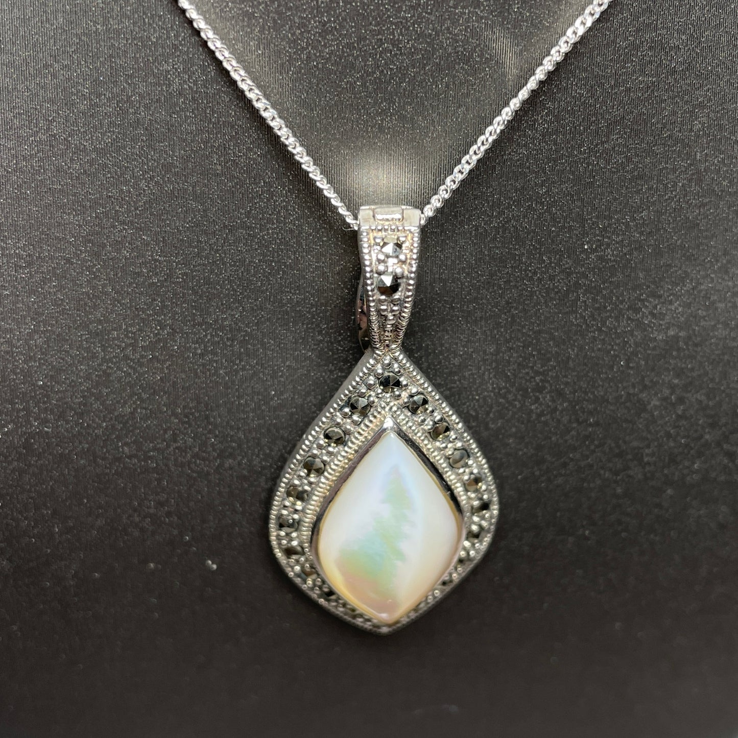 Mother Of Pearl And Marcasite Large Sterling Silver Marquise Shaped Necklace