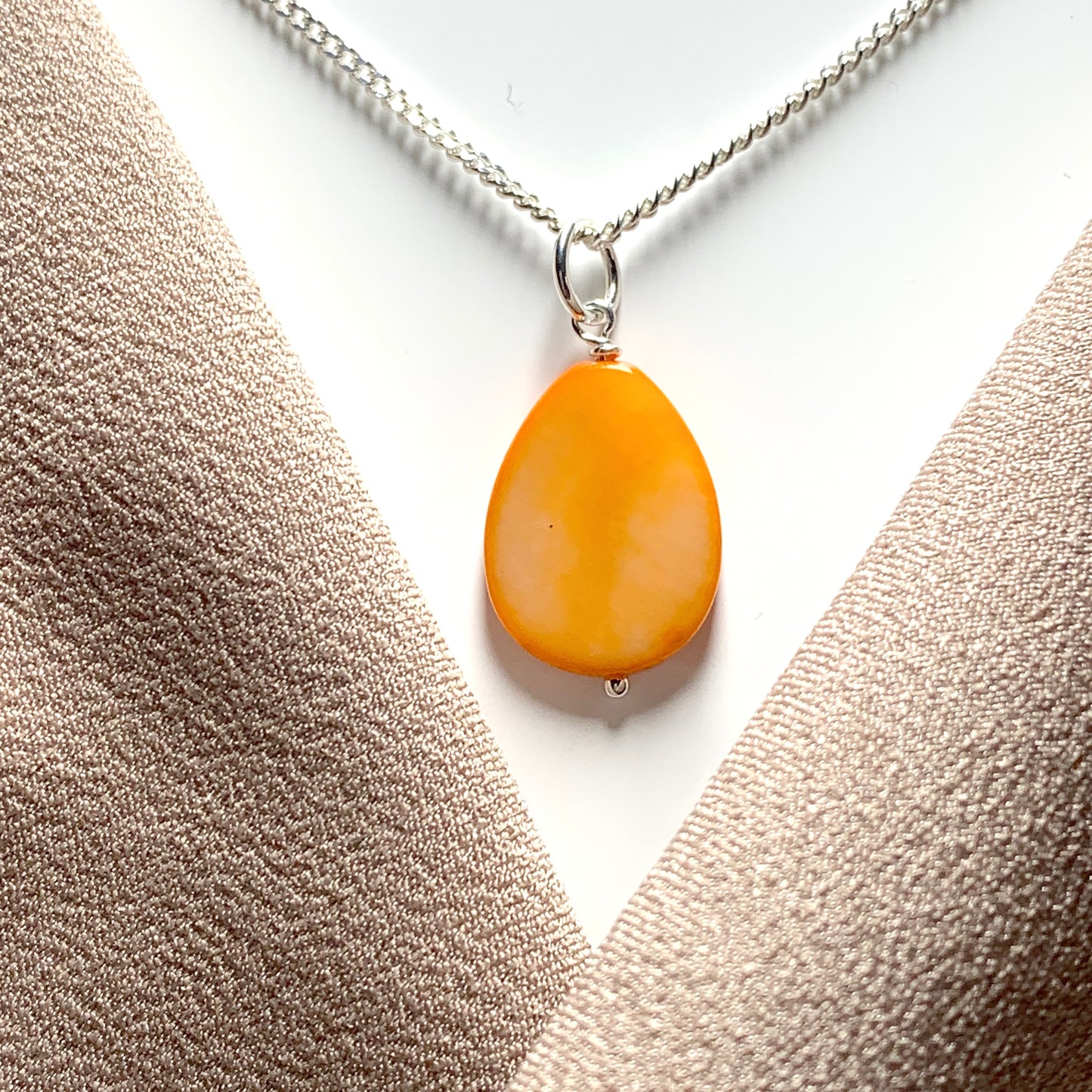 Orange Mother of Pearl Balloon Sterling Silver Necklace